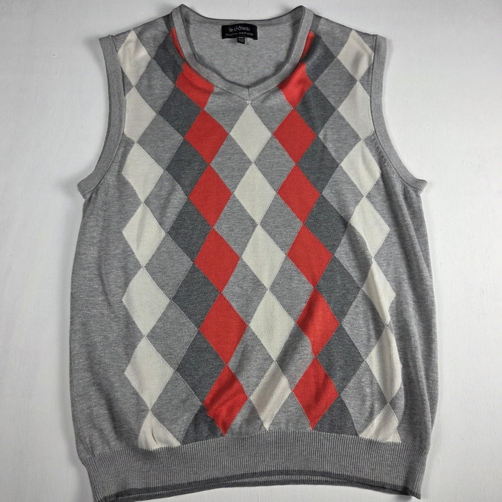 Le Chateau Preppy Argyle V-Neck Sweater Vest Grey Red Geometric Knit Medium